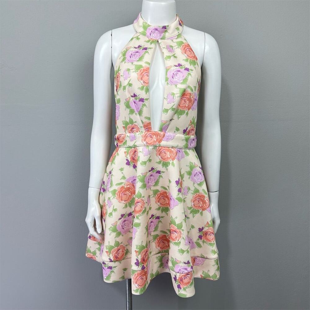 CALS Floral Halter Plunge‎ Mini Dress Size M Peach Pink Scuba Knit Skater Flared